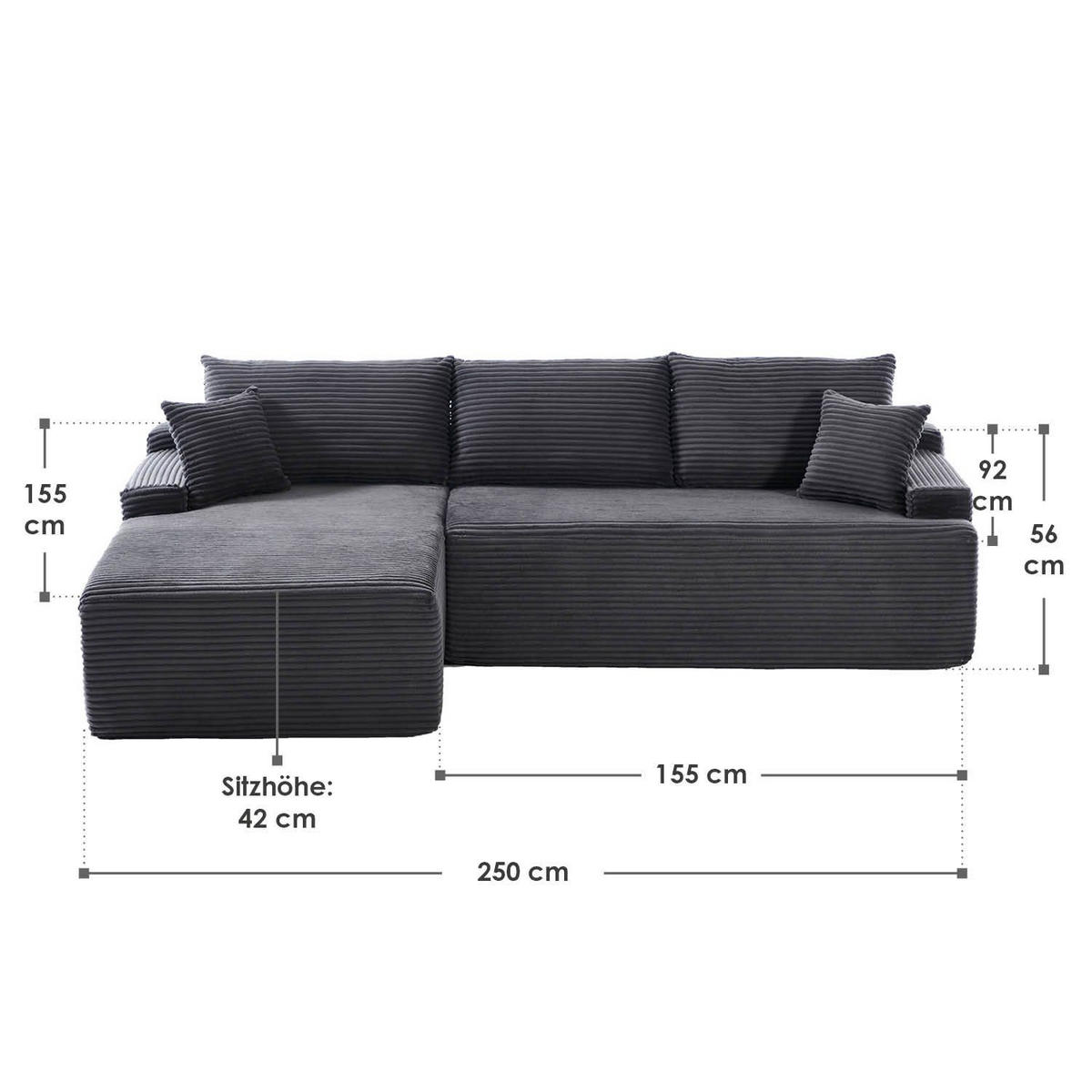 SOFA Coredo dunkelgrau Cord - Dunkelgrau, Textil (155/250cm) - Juskys