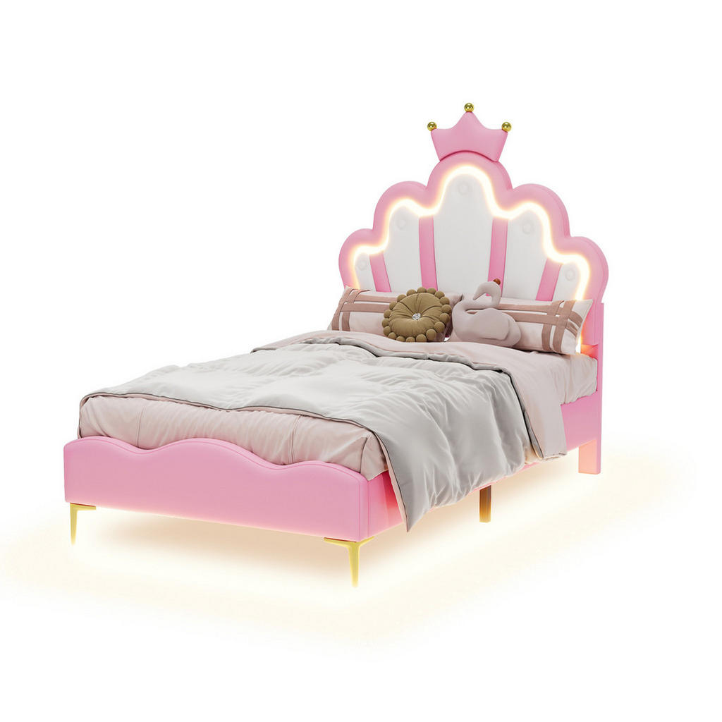 OKWISH PATROVÁ postel 90/200 cm růžová z PU kůže, MDF a kovu s LED osvětlením a královským čelem