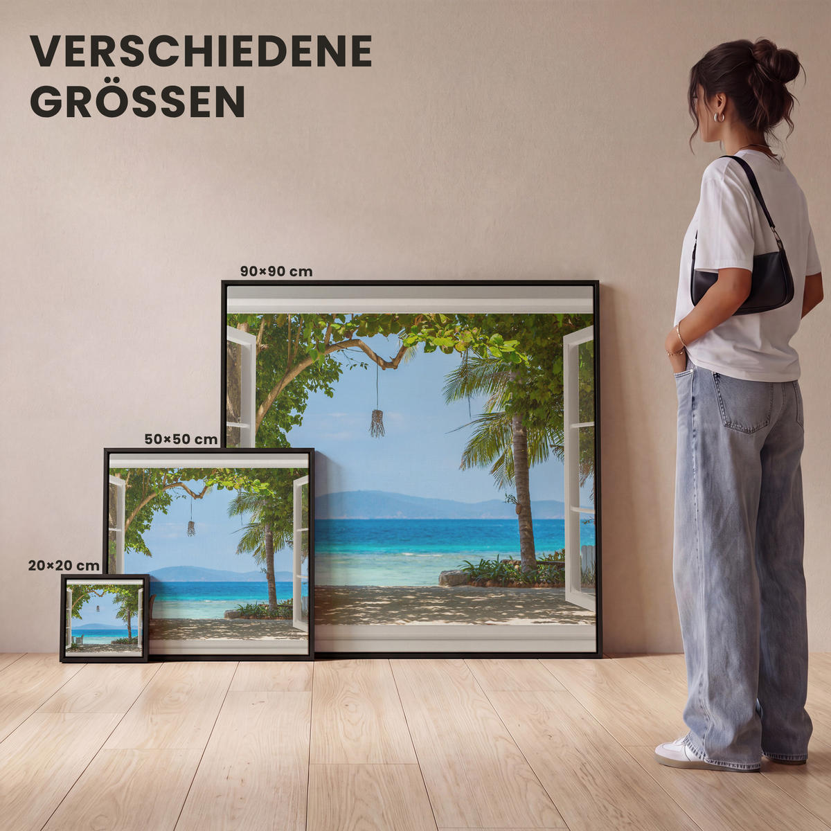 LEINWAND Bilder mit Rahmen - Aussicht - Baum - Meer - Palme - Hügel - Strand - Blau - 50x50 - Blau, Textil (50/50cm) - MuchoWow