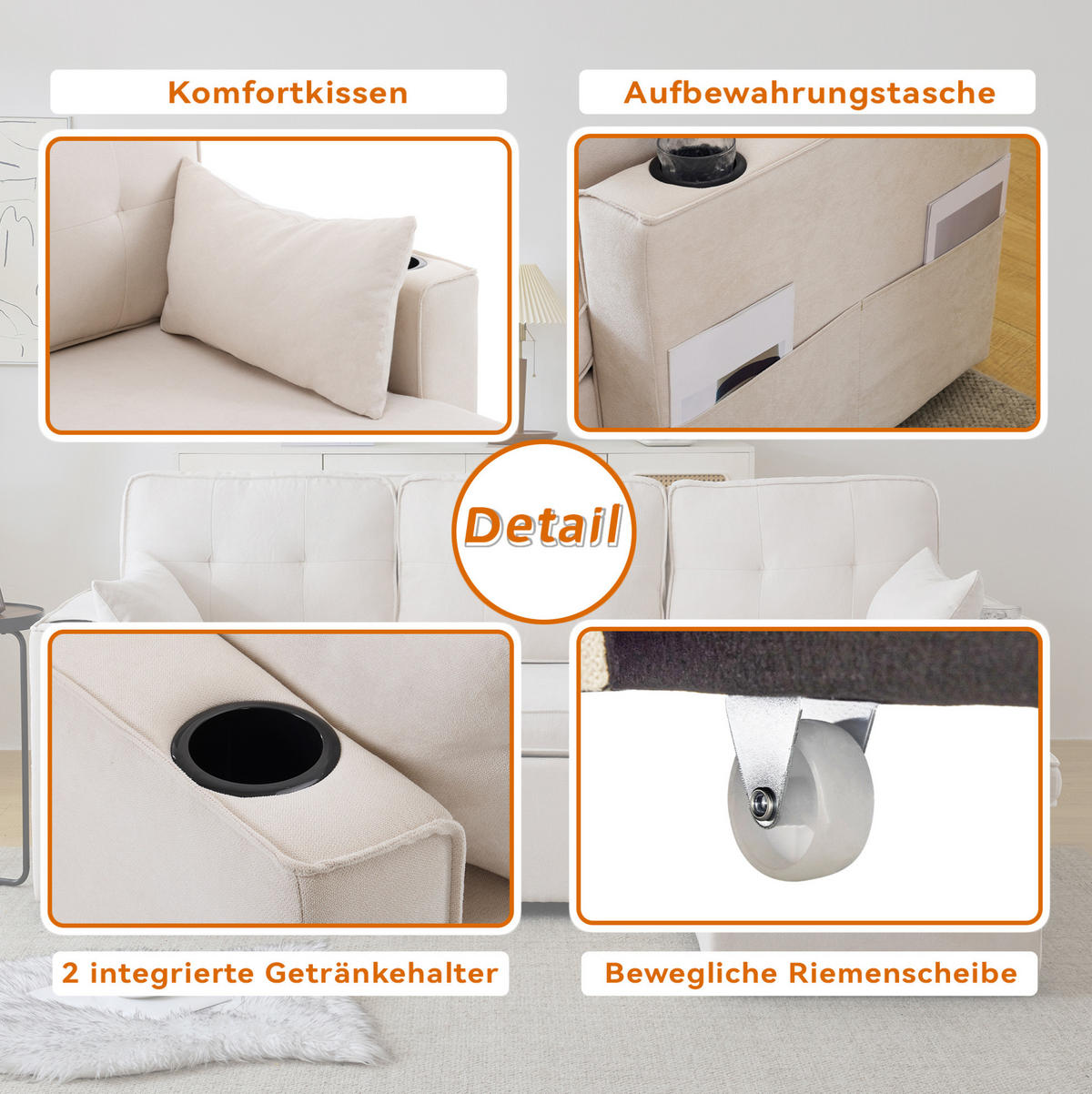 SCHLAFSOFA aus Baumwoll-Leinen 211x130x86 cm Beige mit Stauraum, Getränkehaltern und wechselbarer Chaiselongue - Beige, Textil (211/86/129.5cm) - Modfu