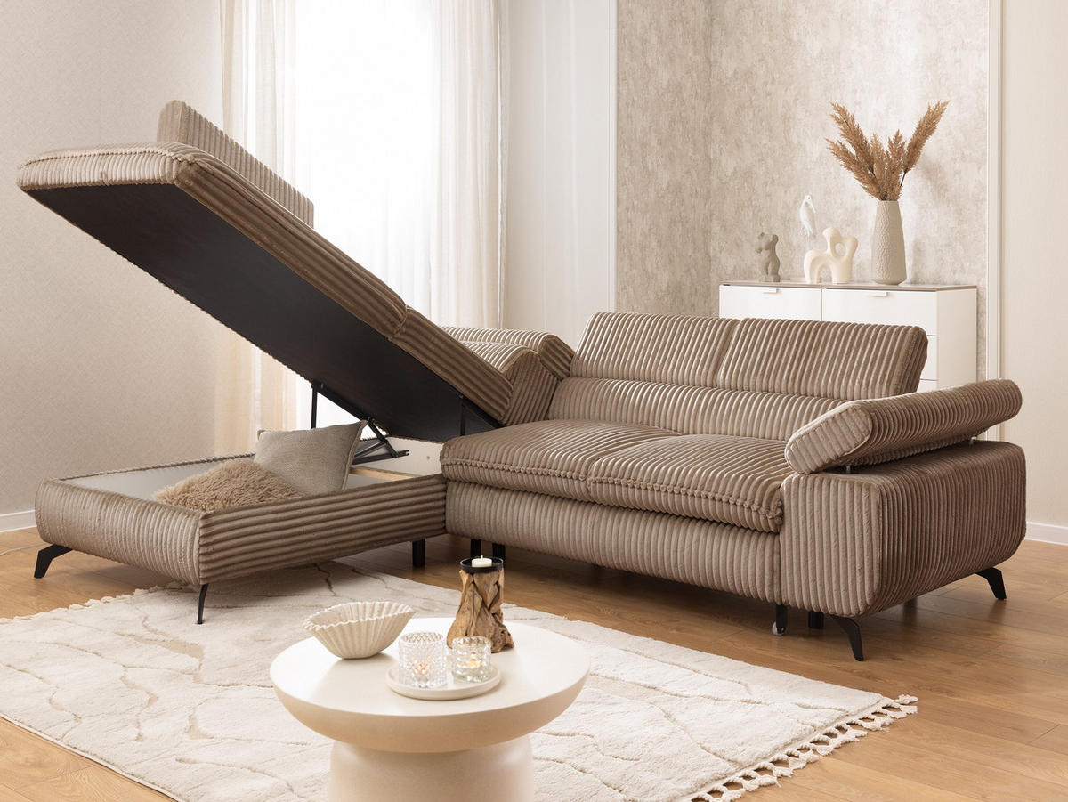 ECKSOFA mit Schlaffunktion und Bettkasten Bonnie aus Beige Cord-Stoff mit verstellbaren Kopfstützen und Armlehne - Ottomane links - Ecru/Beige, Holz/Textil (275/210cm) - S-Style Möbel