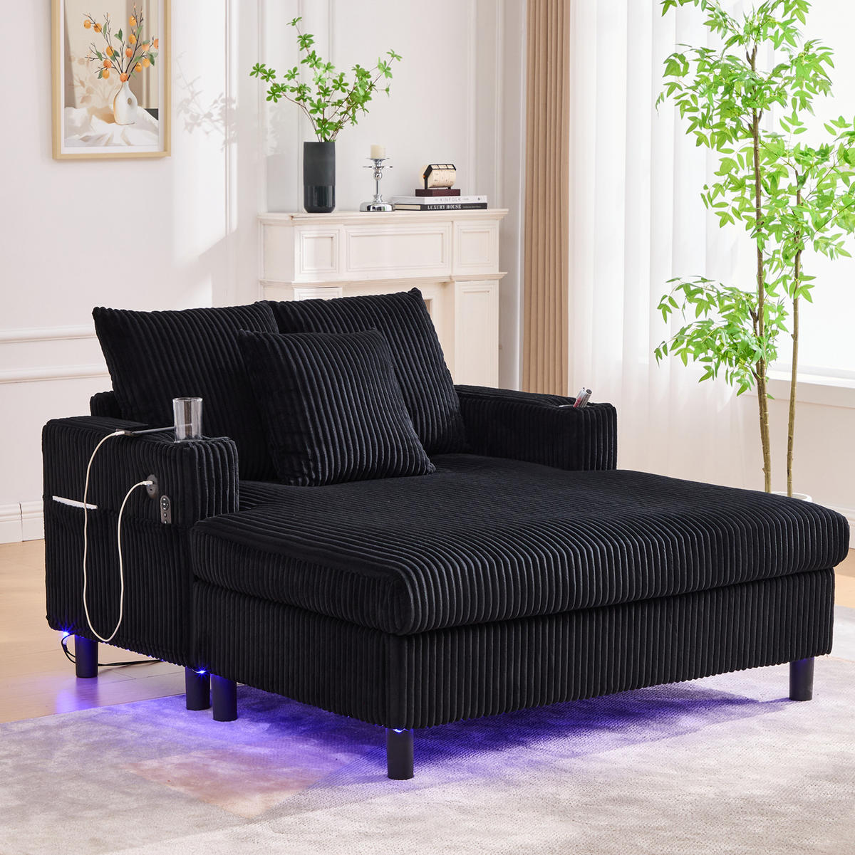 SCHLAFSESSEL mit USB und Getränkehalter ca. 142 x 128 x 85 cm Corduroy Black - Schwarz, Holz (128/85/142cm) - Meubliv