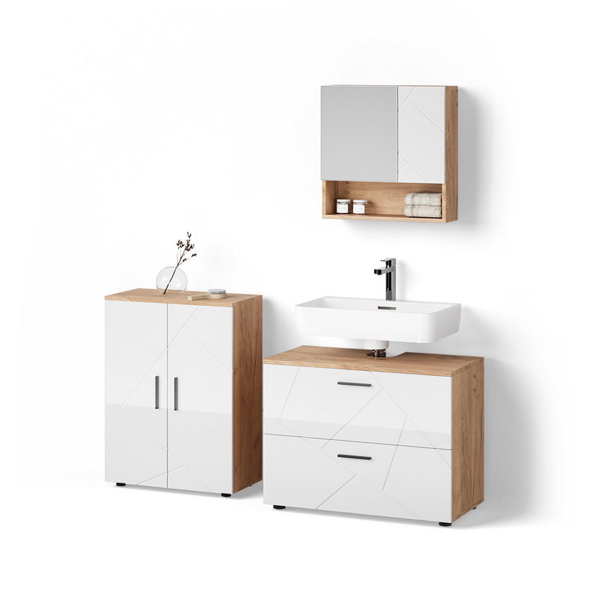 BADMÖBEL-SET Ronco Weiß Hochglanz/Goldkraft Eiche 3 Teile, mit Unterschrank 80 cm - Weiß Hochglanz/Eiche Wotan, Holzwerkstoff (80/58/41cm) - Livinity®