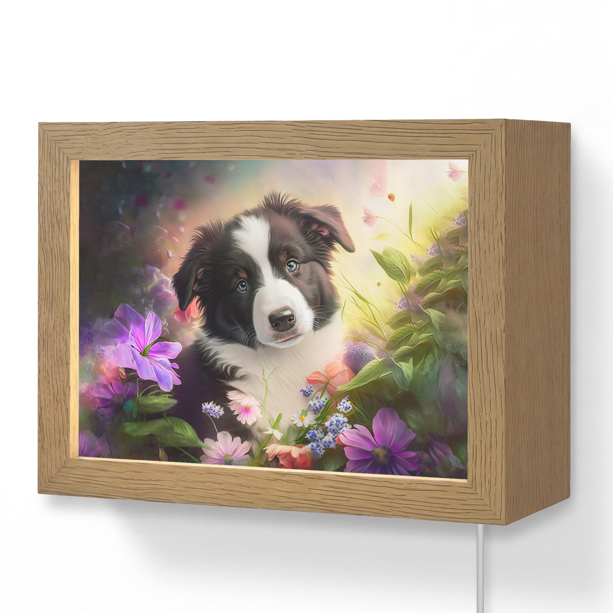 NÁSTĚNNÁ LAMPA Štěně - Slunce - Květiny - Příroda - Border kolie - Pes 20x15 cm - fialová, kompozitní dřevo (20/15/8cm) - OnlyWow