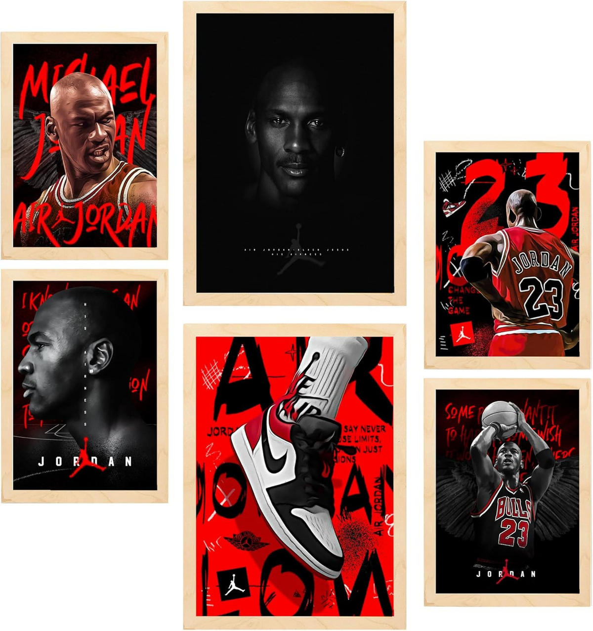 POSTER Set Mit 6 Ikonisches Jordan Grafiiti Rot & Schwarz A3 & A4 Rahmen Aus Hellem Holz - Beige, Papier (29/3/42cm) - Nacnic