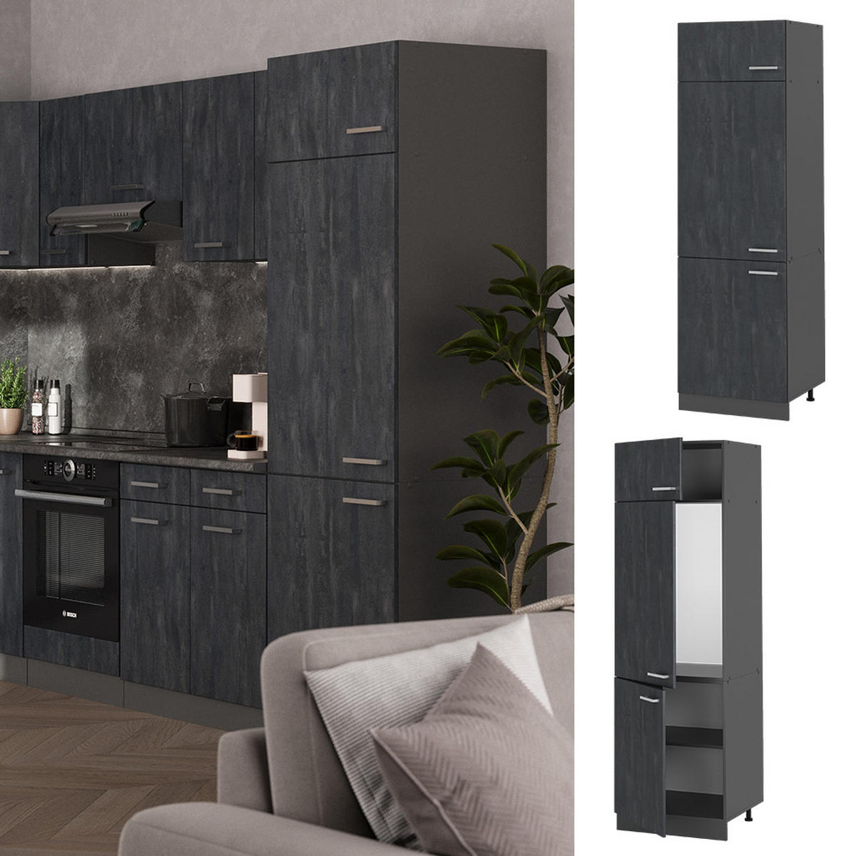 KÜHLUMBAUSCHRANK R-Line Schwarz Beton 60 cm - Anthrazit/Schwarz, Holzwerkstoff (60/206.8/57.2cm) - Vicco
