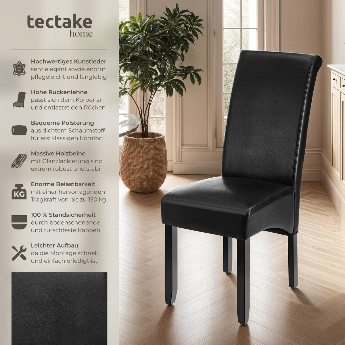 ESSZIMMERSTUHL 4er Set, 44 x 63 x 106 cm schwarz - Schwarz, Textil (44/106/45cm) - tectake