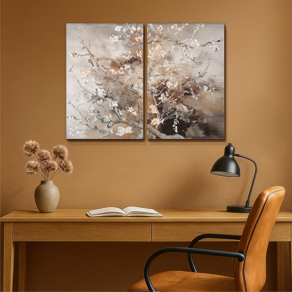 LEINWANDBILD 2er Set Mandelblüte - Abstrakt - Beige 80x60 cm - Beige, Textil (80/60cm) - MuchoWow