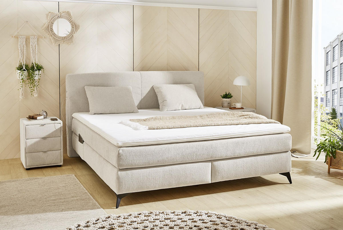 BOXSPRINGBETT 180x200 cm, 7-Zonen-Tonnentaschen-Federkernmatratzen H4, Topper, Bonell-Federkern, Beleuchtung, USB-Ladeports, Chenille Beige / 20018 - Beige/Schwarz, Textil/Metall (180/200cm) - luma-home