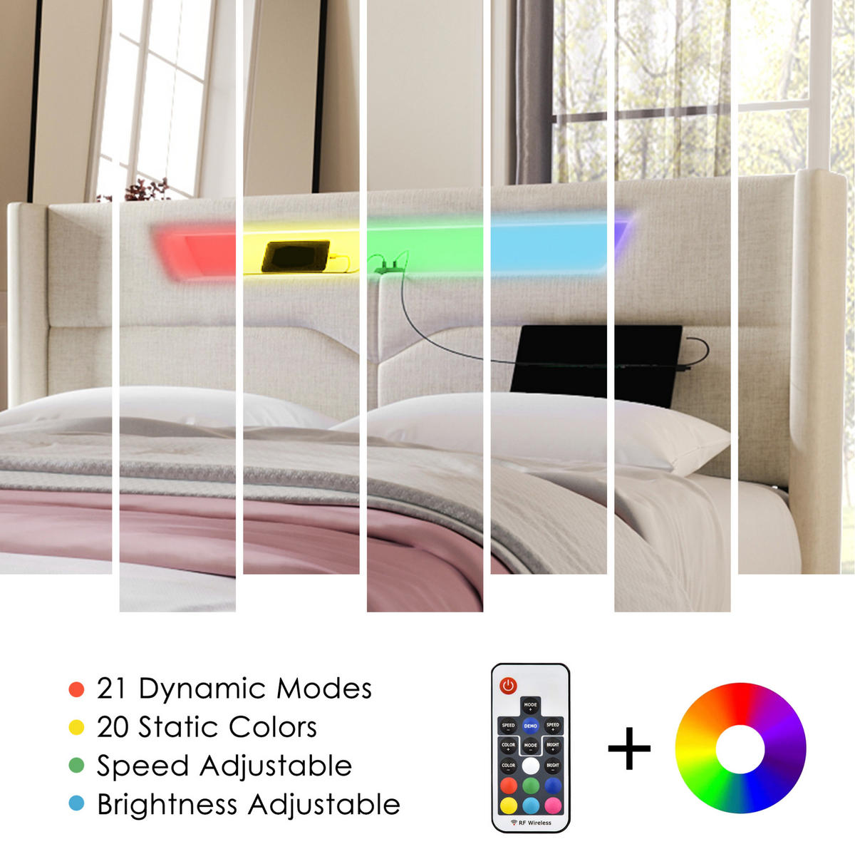 POLSTERBETT 140/200 cm Beige aus Leinen mit LED, USB und Stauraum - Beige, Textil (140/200cm) - OKMYHOME