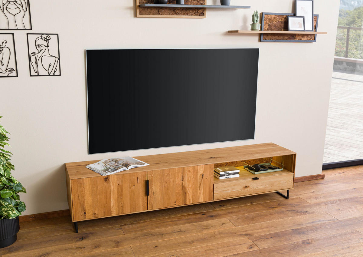 LOWBOARD Wildeiche mit Holztür 220x43x51 natur geölt LINDAU #26 - Naturfarben, Holz (220/51/43cm) - Massivmoebel24