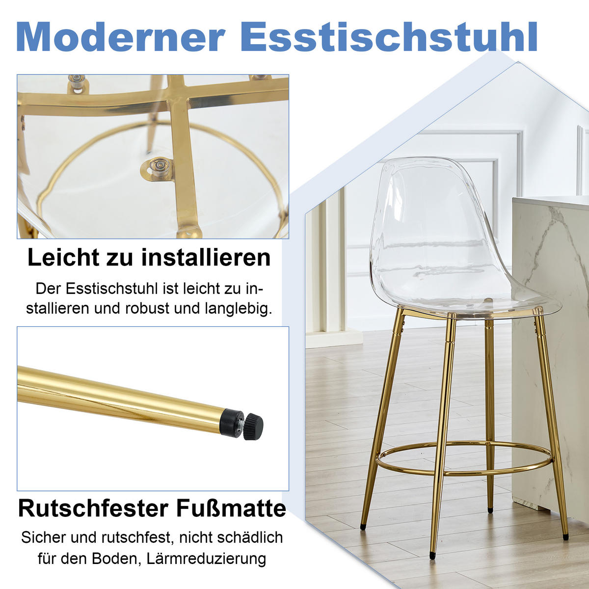 BARHOCKER 2er-Set Transparent und Gold mit Rückenlehne und Fußring - Goldfarben, Metall (48.5/102/48.5cm) - PANGIVO