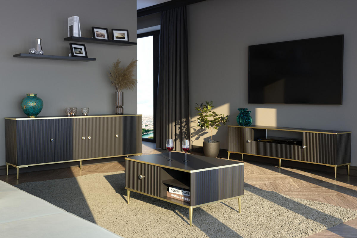 TV LOWBOARD Schwarz, Gold 180/55/35 - Schwarz, Holzwerkstoff (180/55/35cm) - RAUMHIRSCH FURNITURE