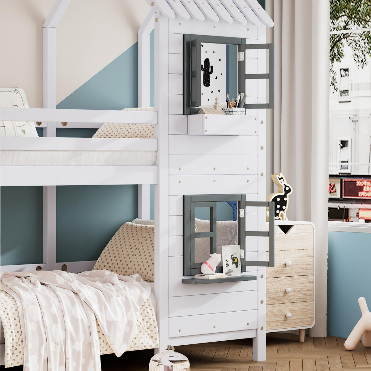 ETAGENBETT 90/200cm mit Handlauf und Fenster Weiß aus Kiefernholz - Weiß, Holzwerkstoff (90/200cm) - OKWISH