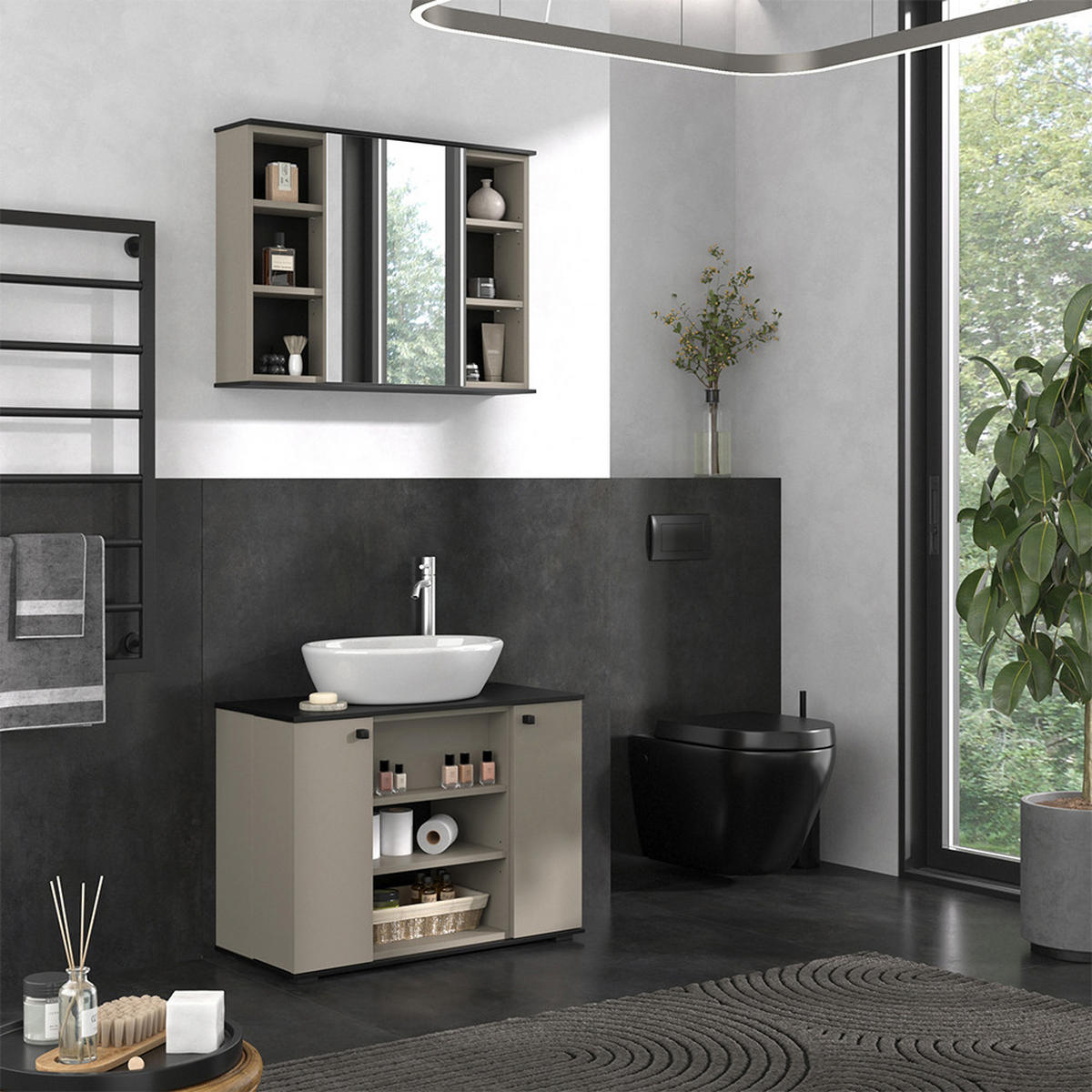 BADSPIEGELSCHRANK Joli Greige 80 x 60 cm mit Spiegel - Greige/Schwarz, Holzwerkstoff (80/60/17.4cm) - Vicco