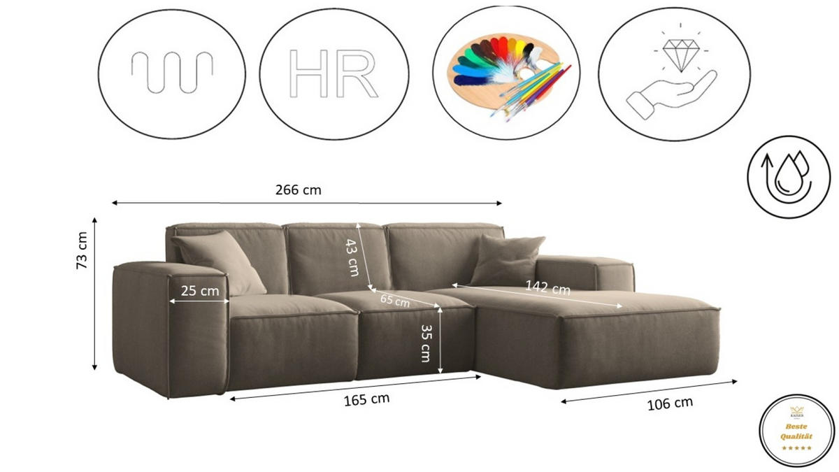 ECKSOFA L-Form Siena Stoff Salvador Dunkelbeige Rechts - Cappuccino, Holz (266/165cm) - Kaiser Möbel