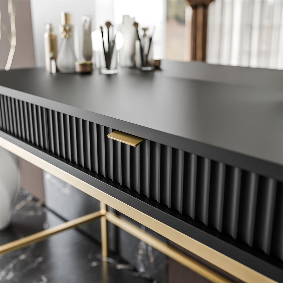 SCHMINKTISCH MIT SPIEGEL CORTADO GOLD T104 SCHWARZ - Schwarz, Holzwerkstoff (104/78/50cm) - Lookway