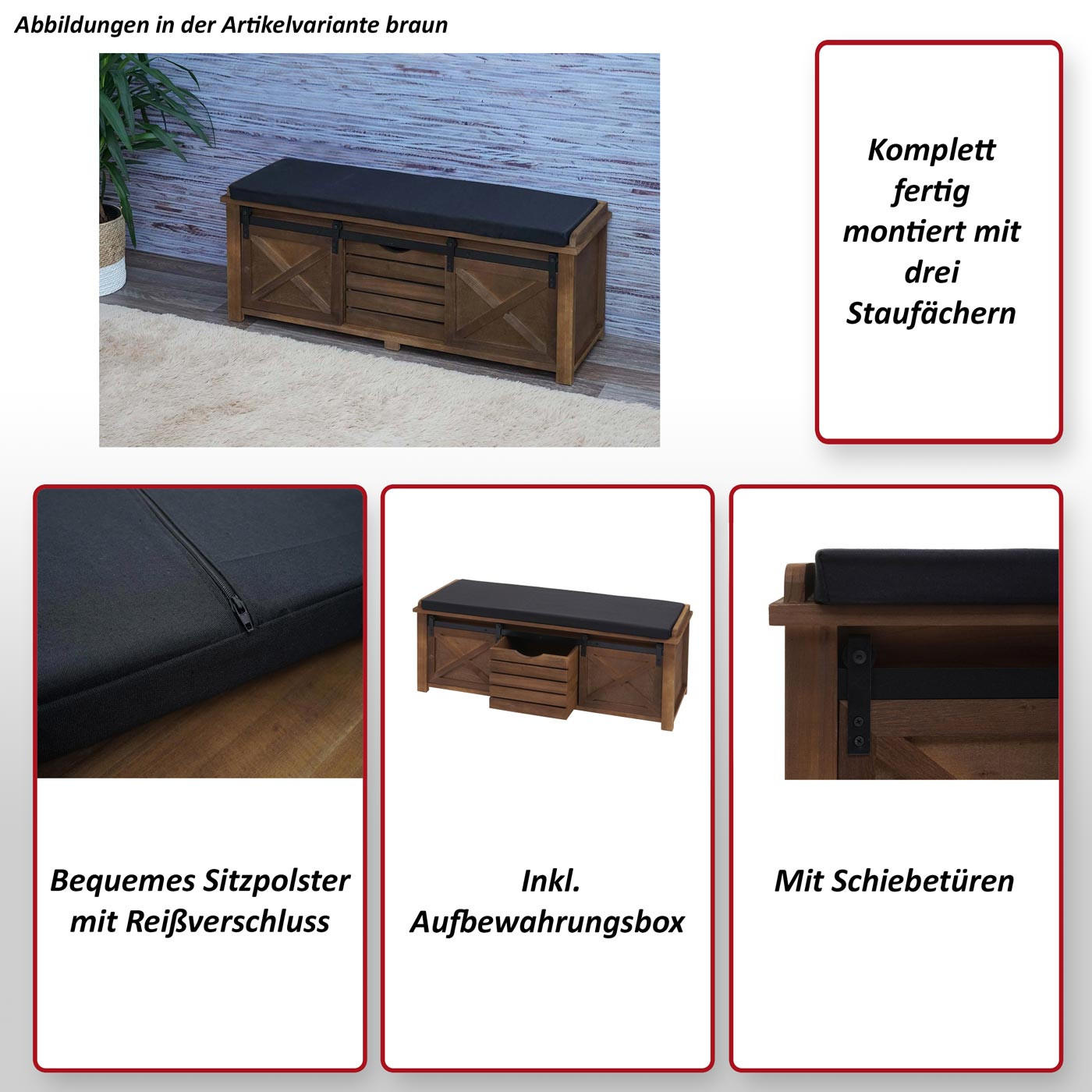 SITZBANK MIT STAUFÄCHERN Schwarz - Schwarz, Holz (102/43/33cm) - MCW