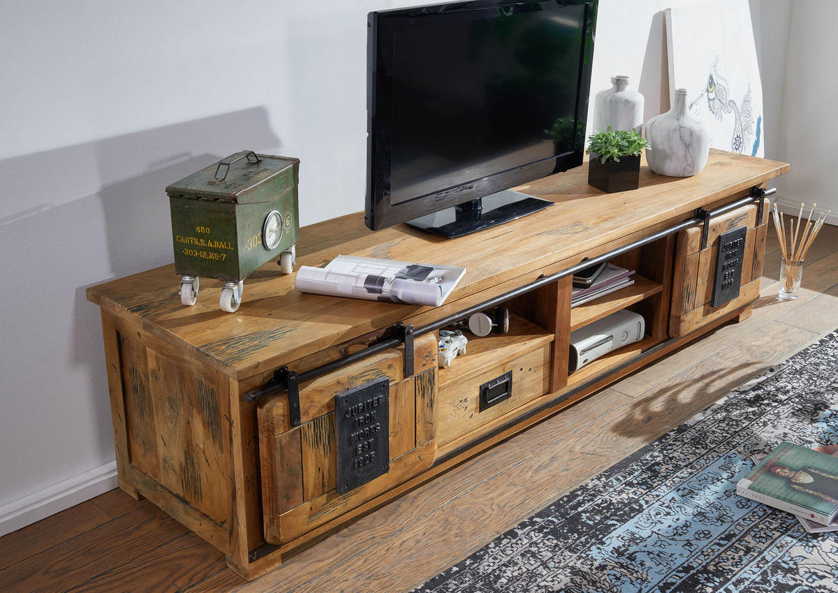 TV-BOARD Mango 200x55x50 natur lackiert RAILWAY #151 - Naturfarben, Holz (200/50/55cm) - Massivmoebel24