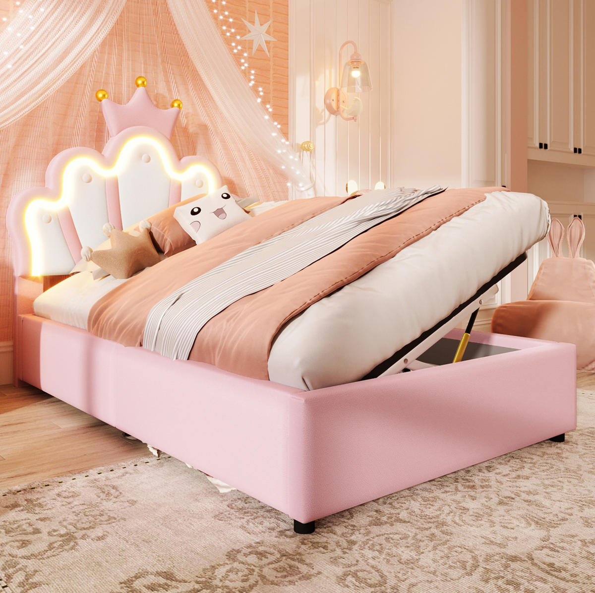 KINDERBETT Polsterbett 90/200 cm aus PU mit LED-Lichtband und hydraulischem Stauraum Rosa - Rosa, Leder (90/200cm) - Modenvie