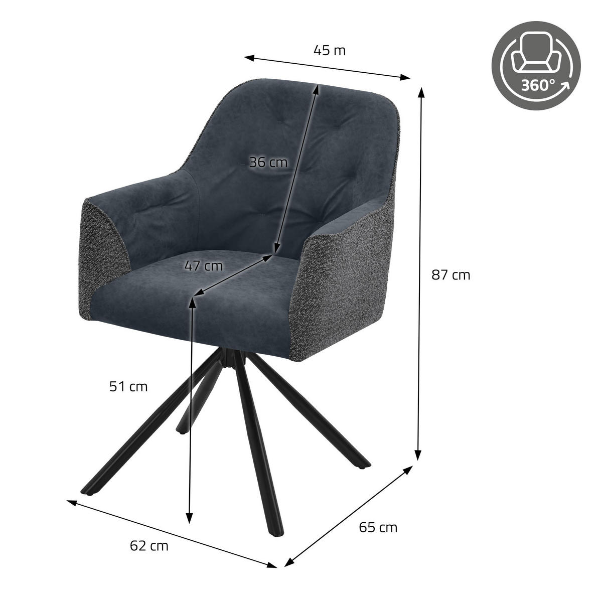 ESSZIMMERSTÜHLE 2er Set drehbar Küchenstühle gepolstert aus Webstoff-Kunstleder Anthrazit - Anthrazit/Schwarz, Textil/Metall (62/81/65cm) - ML-DESIGN