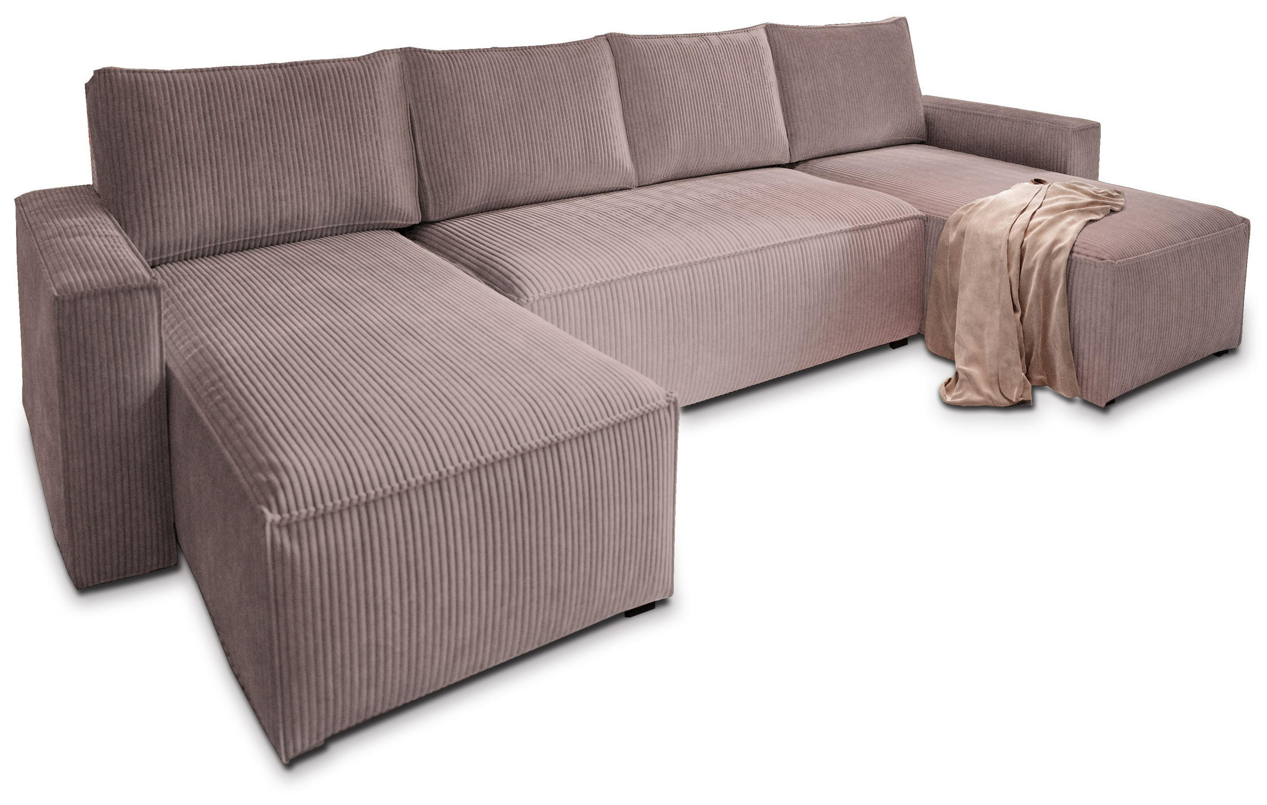 WOHNLANDSCHAFT ASPRA Lila Kordstoff mit Schlaffunktion - Lila, Holz (295/85/140cm) - MASSENO