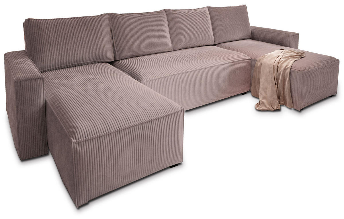 WOHNLANDSCHAFT ASPRA Lila Kordstoff mit Schlaffunktion - Lila, Holz (295/85/140cm) - MASSENO