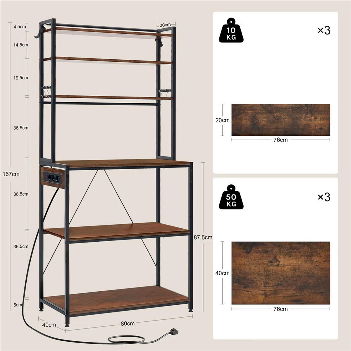 KÜCHENREGAL Steckdose 80x167x40 cm Braun Kücheninsel - Braun, Metall (80/167/40cm) - Kaket