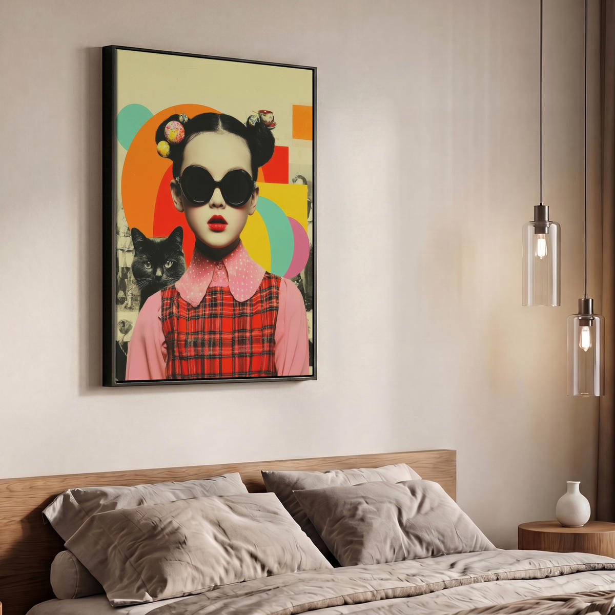 LEINWAND Bilder mit Rahmen - Mädchen - Sonnenbrille - Katze - Retro - 70x100 - Beige, Textil (70/100cm) - MuchoWow