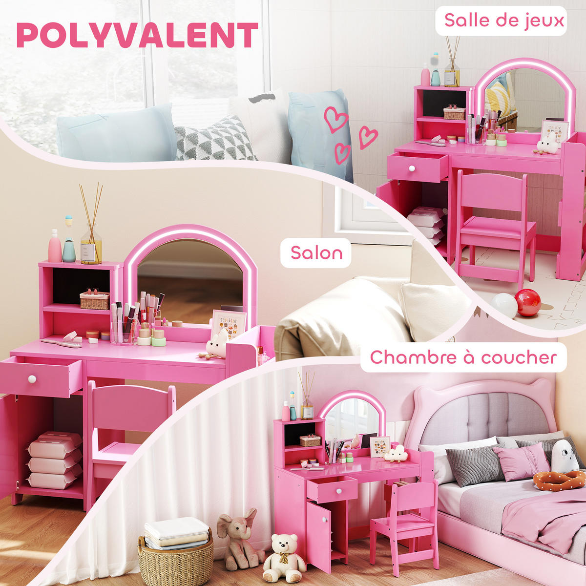 KINDERSCHMINKTISCH DE-18635 LED-Spiegel mit 2 Lichtfarben Rosa - Pink, Holzwerkstoff (38.8/96.9/88.6cm) - ComfortXL