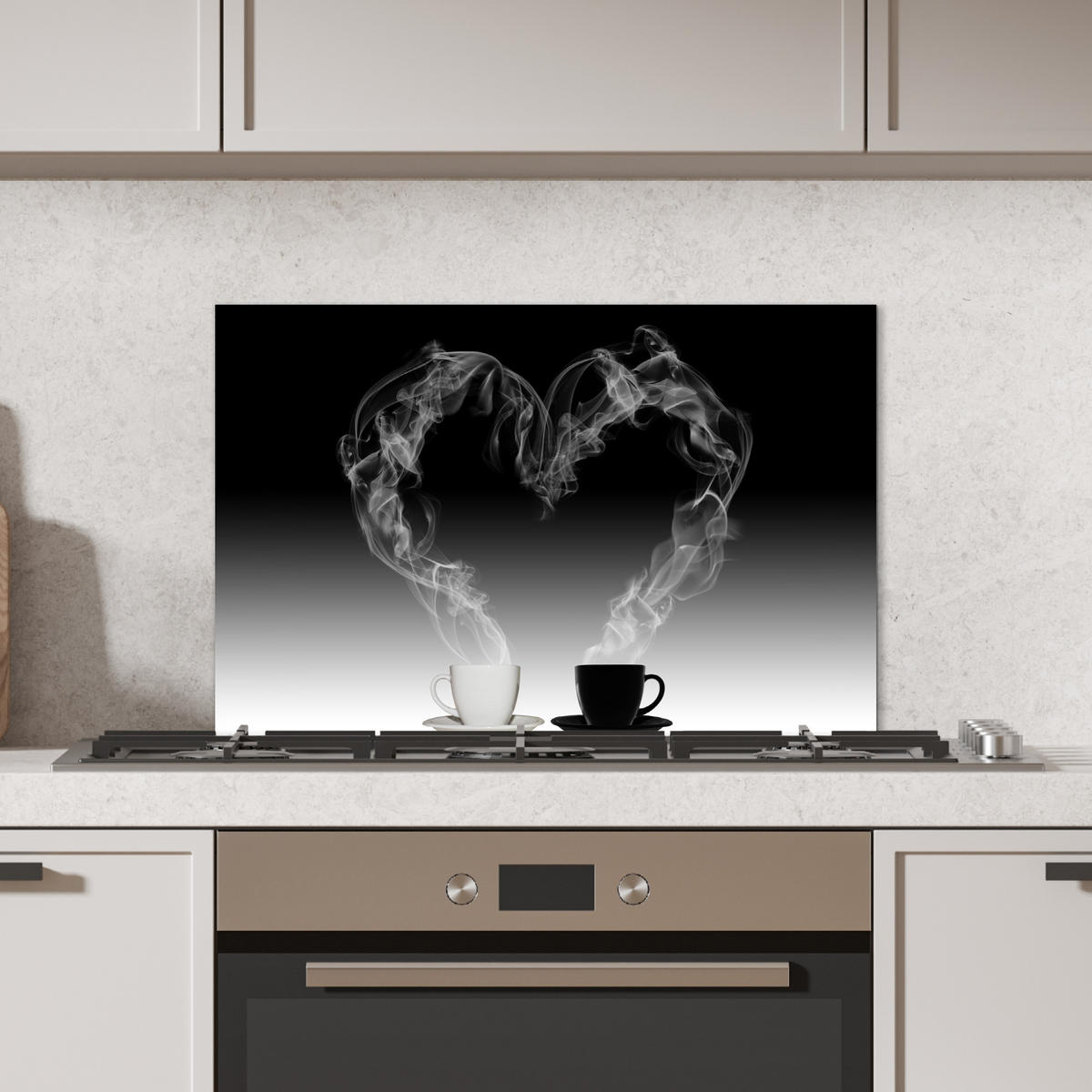 SPRITZSCHUTZ KÜCHE Kaffee - Herz - Schwarz und weiß - Tassen 70x50 cm - Weiß, Metall (70/0.3/50cm) - MuchoWow