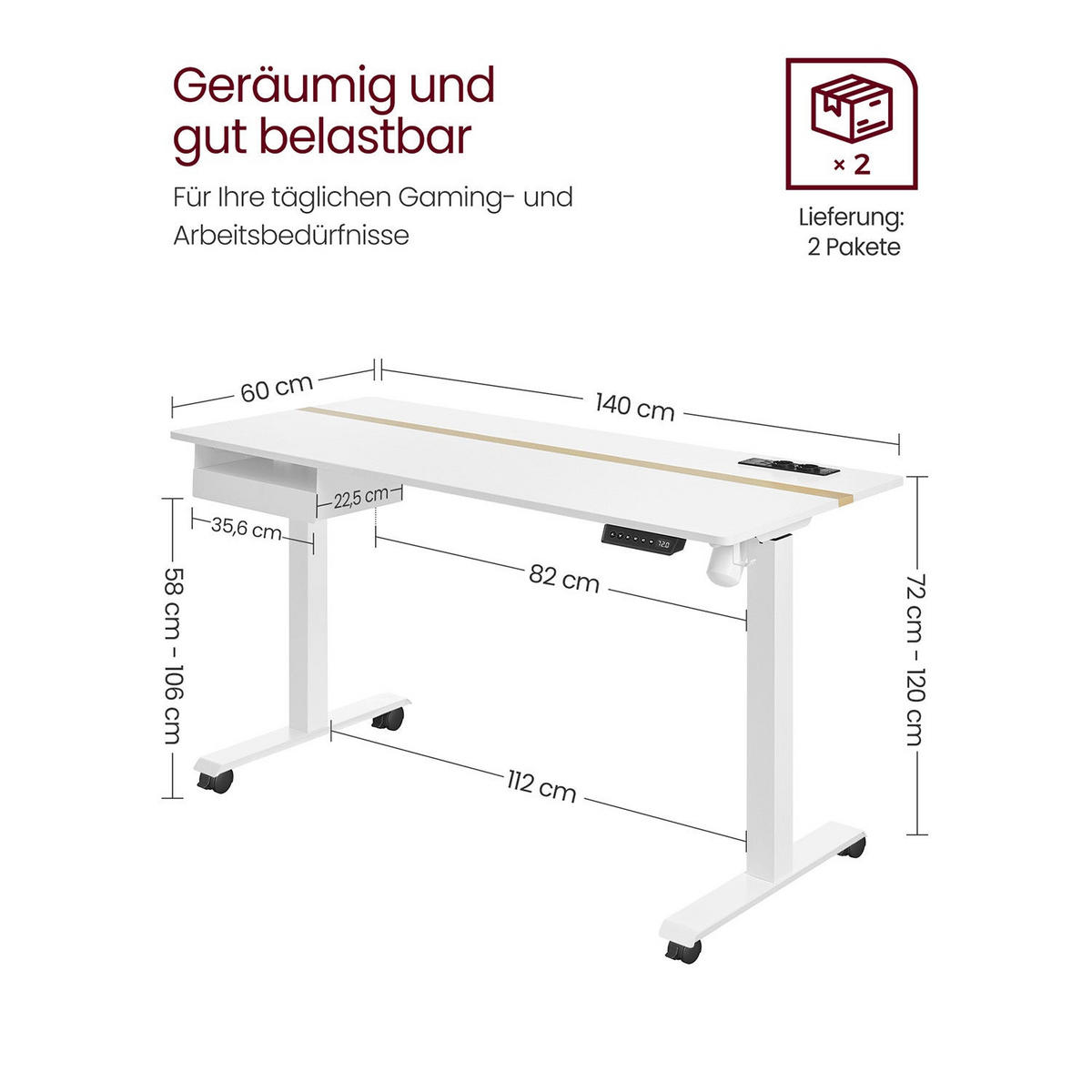 HÖHENVERSTELLBARER SCHREIBTISCH RIGA - Weiß, Holzwerkstoff (60/140/120cm) - Hansiro