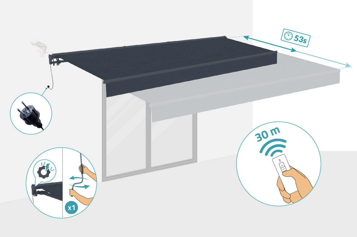 HALBKASSETTENMARKISE Fazzio Graue 4m x 3m motorisierte - Premium-Leinwand 320g/m² - Grau, Metall (400/270/300cm) - Cazeboo