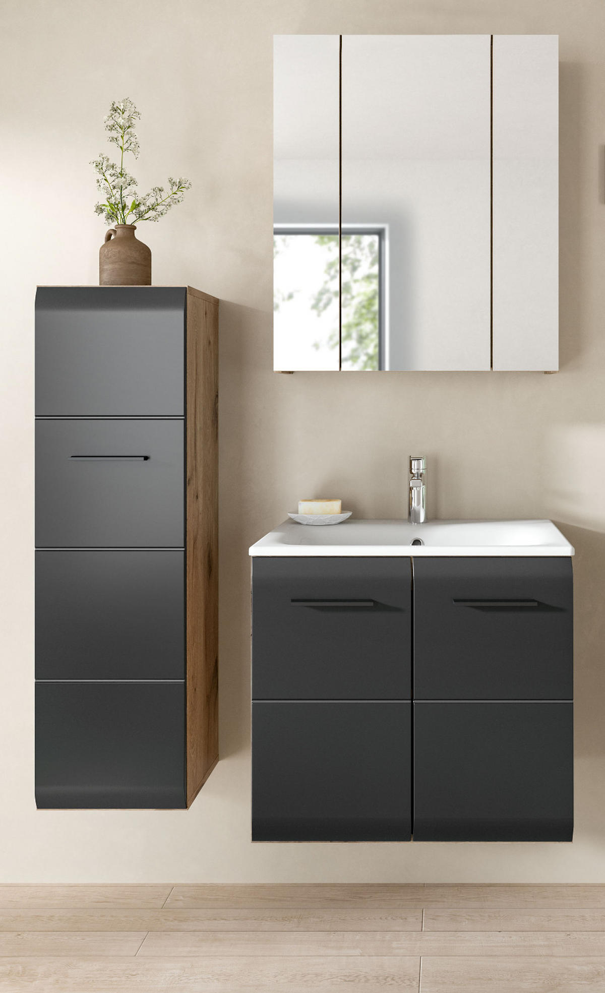 BADMÖBEL-SET 3-teilig Schwarz matt und Eiche, Badezimmer Komplett-Set mit Waschbecken, 105 x 185 cm - Eichefarben/Schwarz, Glas/Keramik (105/185/46cm) - Inn.Furn