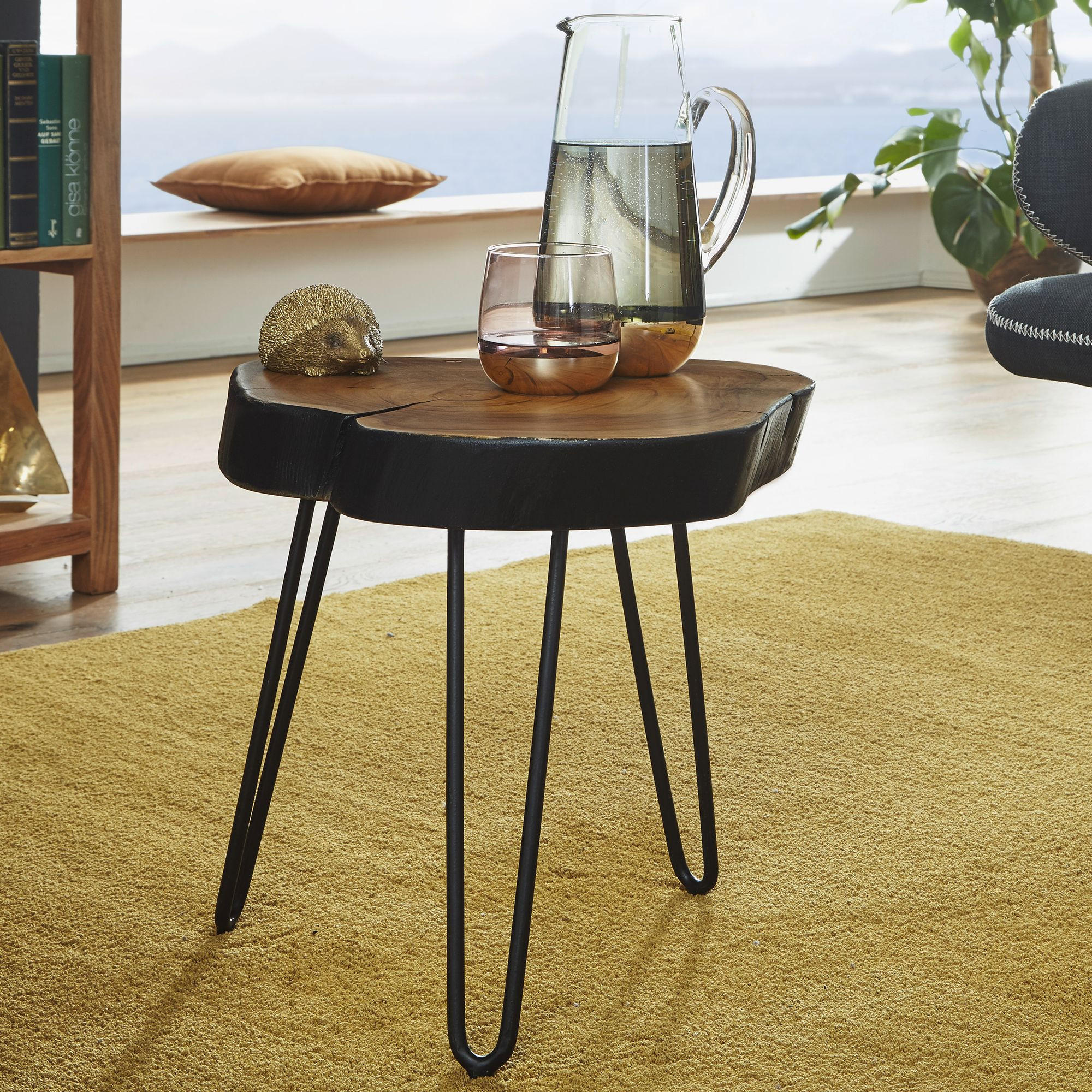 BEISTELLTISCH Massivholz Metallbeine Baumstammoptik BALU, Braun 35x35x45 cm - Schwarz/Braun, Holz/Metall (35/35/45cm) - KADIMA DESIGN