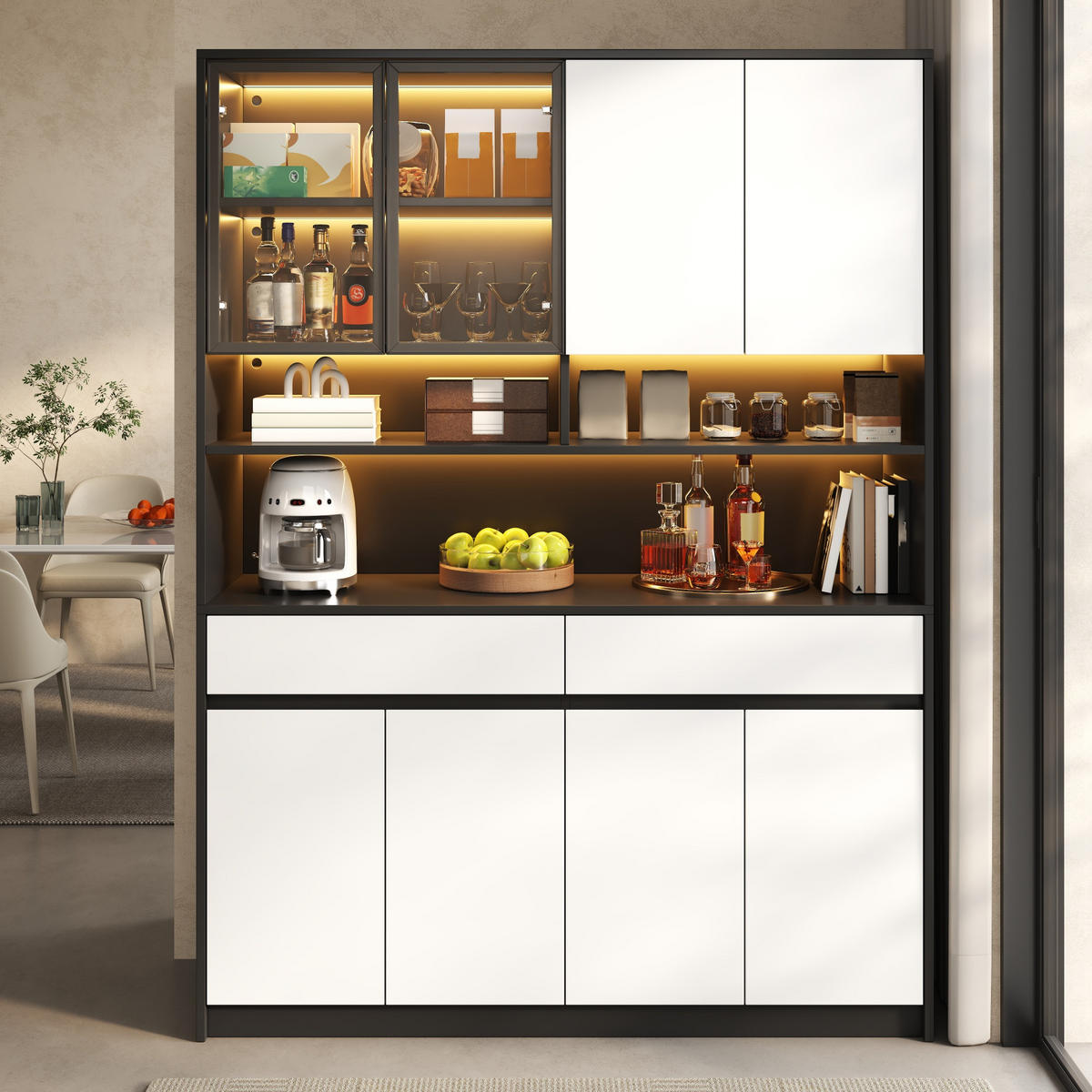 BUFFET Hochschrank mit LED-Glasfach, offenen Ablagen und App-Steuerung - Weiß, Holzwerkstoff (38/160/120cm) - Korfee