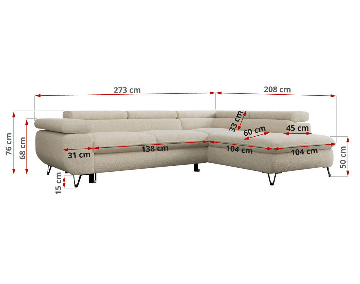ECKSOFA PEDRO L Beige Boucle - Rechts Seite - Beige/Schwarz, Textil/Metall (273/208cm) - MKS