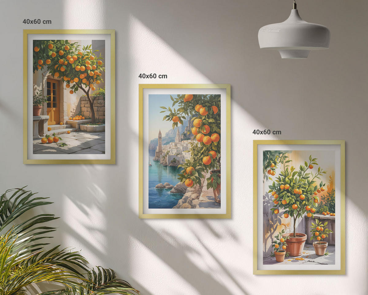 WANDBILDER 3er Set - 40x60 cm Goldrahmen - Gemalte Zitruslandschaften - Goldfarben, Kunststoff (40/60cm) - ArtPrintCave