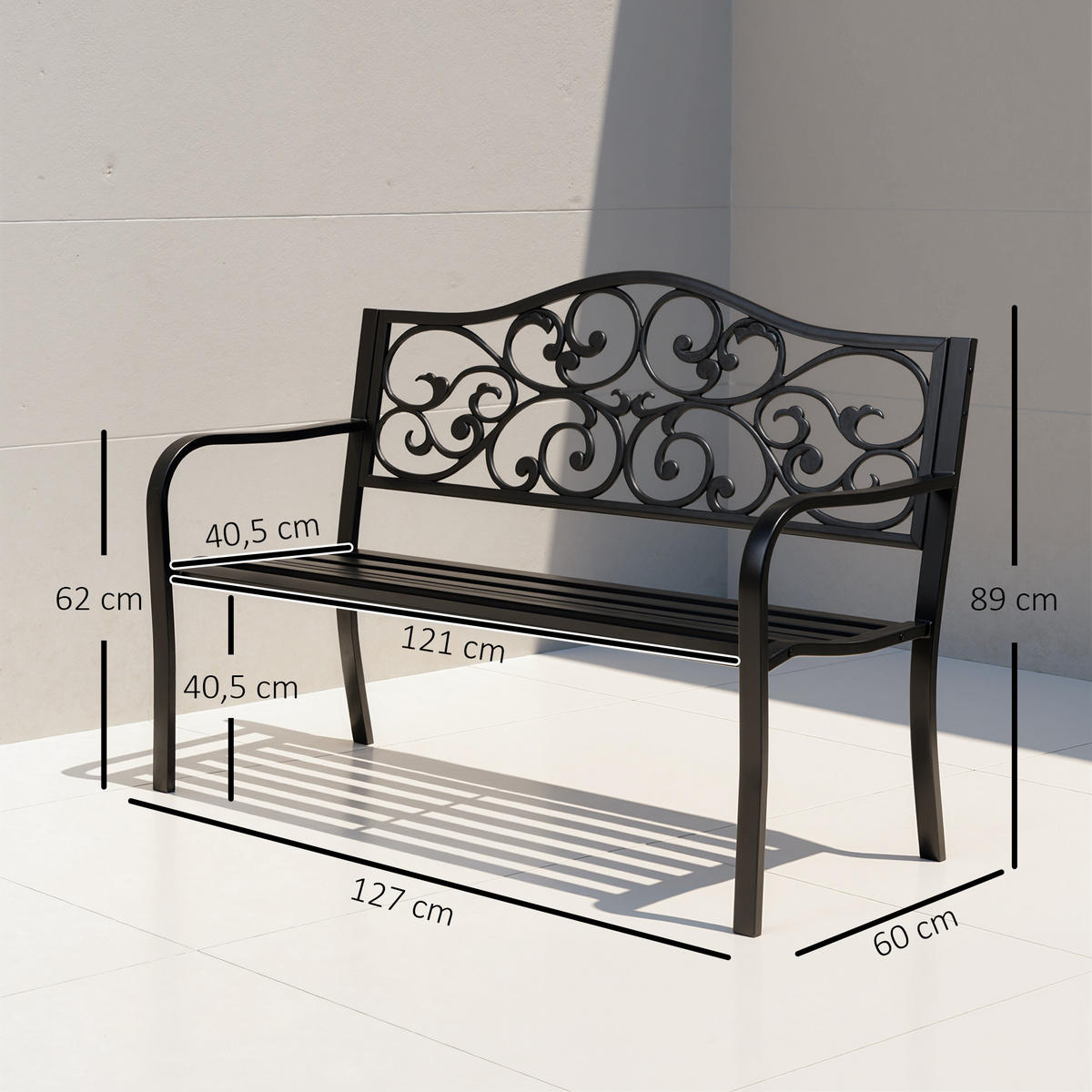 GARTENBANK, 3-Sitzer, Sitzbank, Stahlbank, mit Armlehnen, Stahl, Metall, Schwarz - Schwarz, Metall (60/89/127cm) - Outsunny