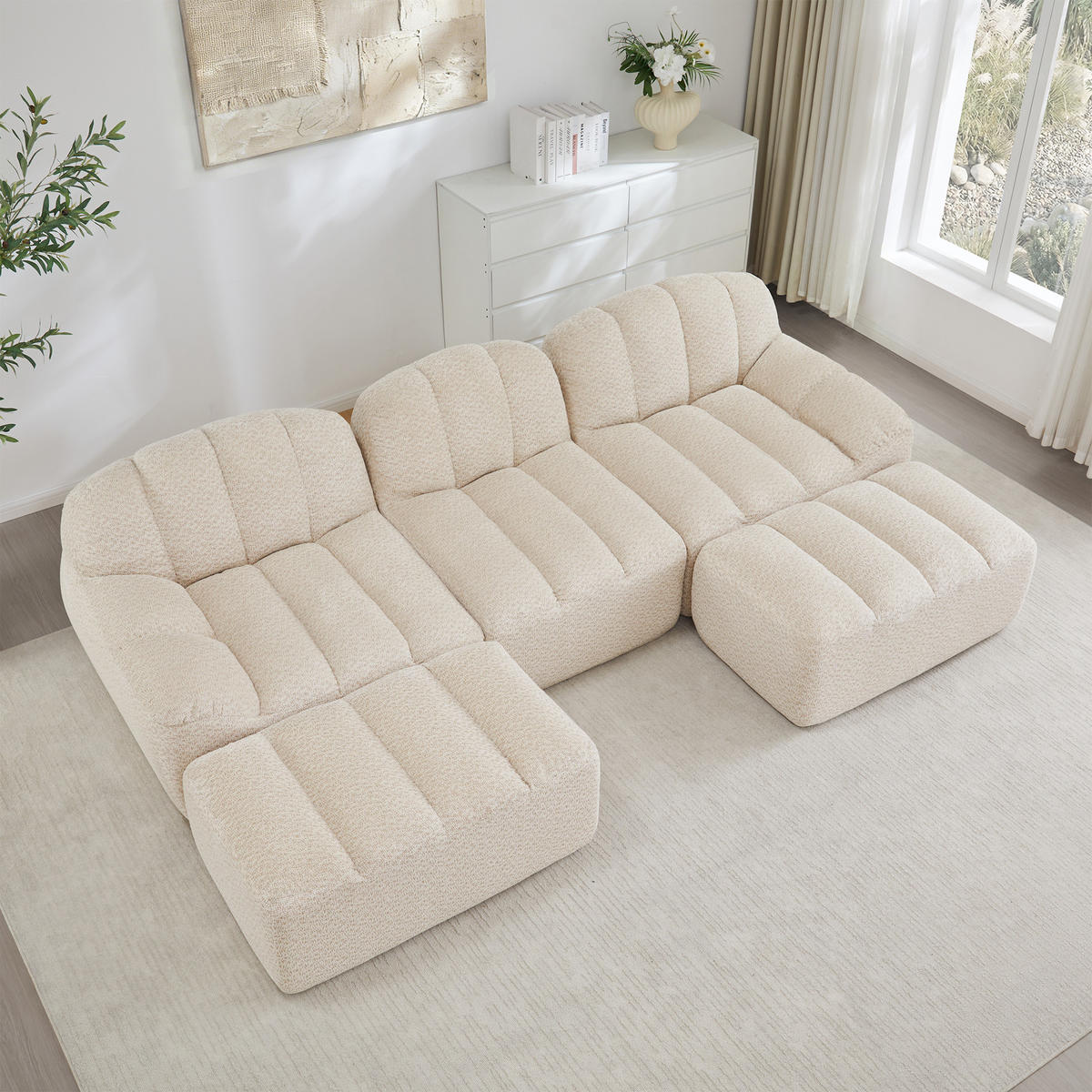 WOHNLANDSCHAFT Granulierter Fleece Beige mit Ottomanen - Beige, Textil (188/79/165cm) - WISHDOR