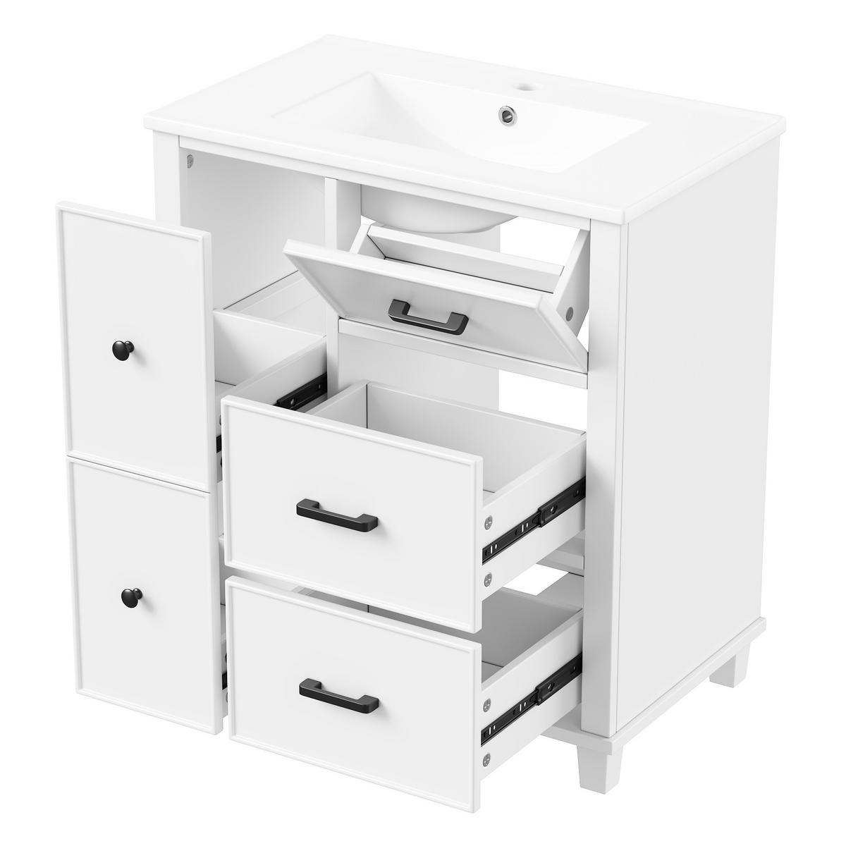 WASCHTISCH 76,5cm Keramikbecken 5 Schubladen Weiß lackiert - Weiß, Holzwerkstoff (76.5/83.5/47cm) - Urban Meuble