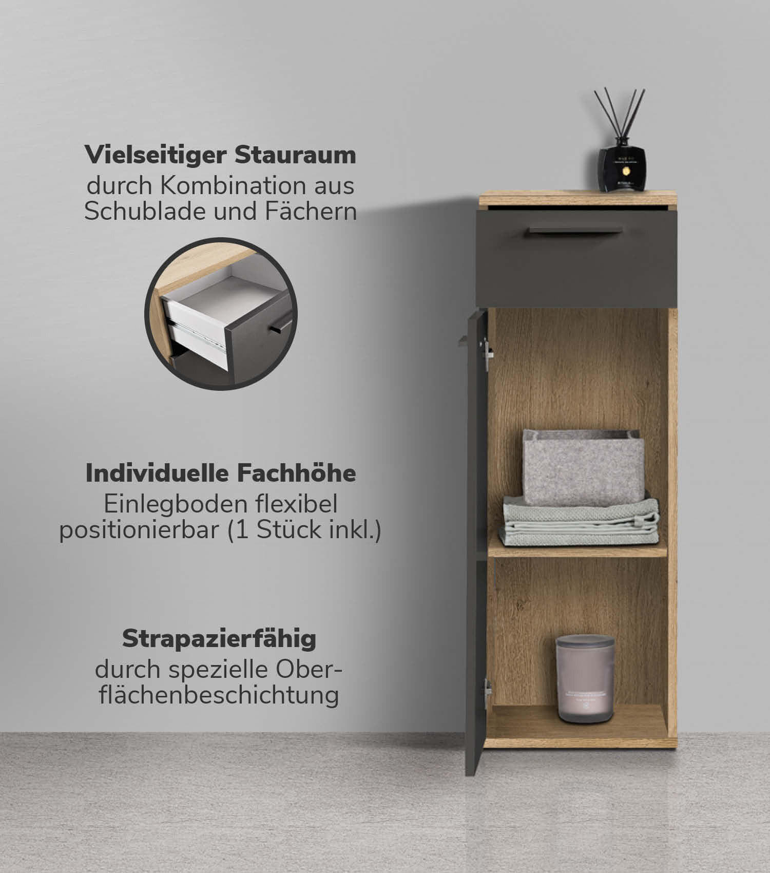 BAD-BEISTELLSCHRANK Der Matrose - Anthrazit, Holzwerkstoff (33/91/34cm) - Mokebo