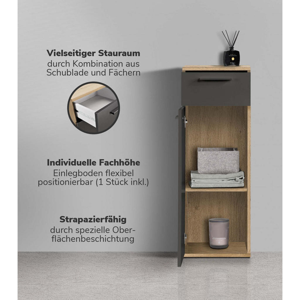 Thumbnail - Mokebo Bad-Beistellschrank, Anthrazit, Holzwerkstoff, 1 Fächer, 33x91x34 cm, Badezimmer, Badezimmerschränke, Midischränk...