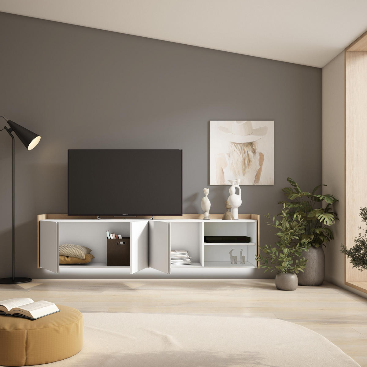 LOWBOARD, Weiß und Eiche, 207/35/50cm, Hängend - Weiß, Holzwerkstoff (207/50/35cm) - Skraut Home