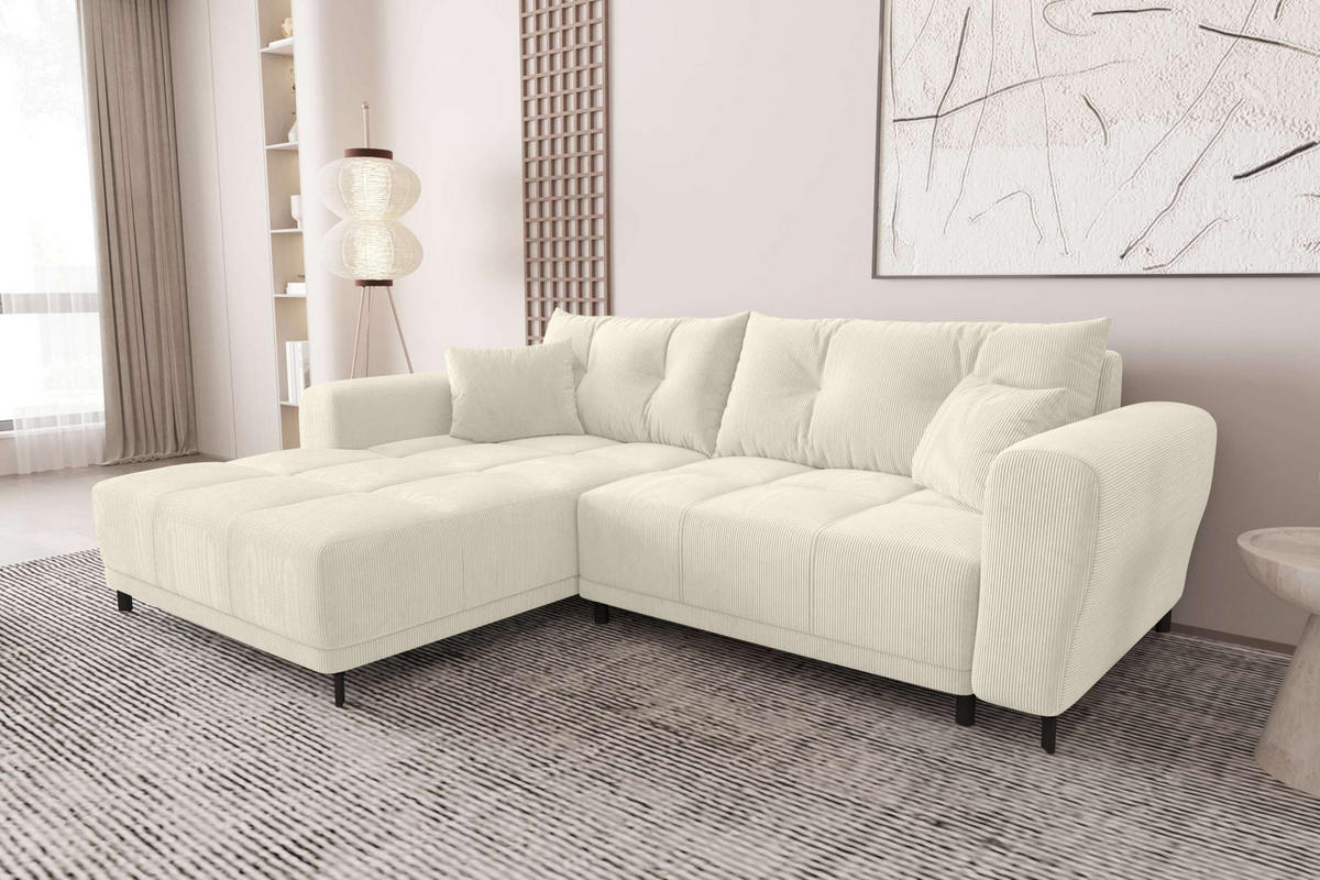 ECKSOFA Massimo Cordstoff Creme inkl. Schlaffunktion Links - Creme/Schwarz, Textil/Metall (246/177cm) - 99rooms
