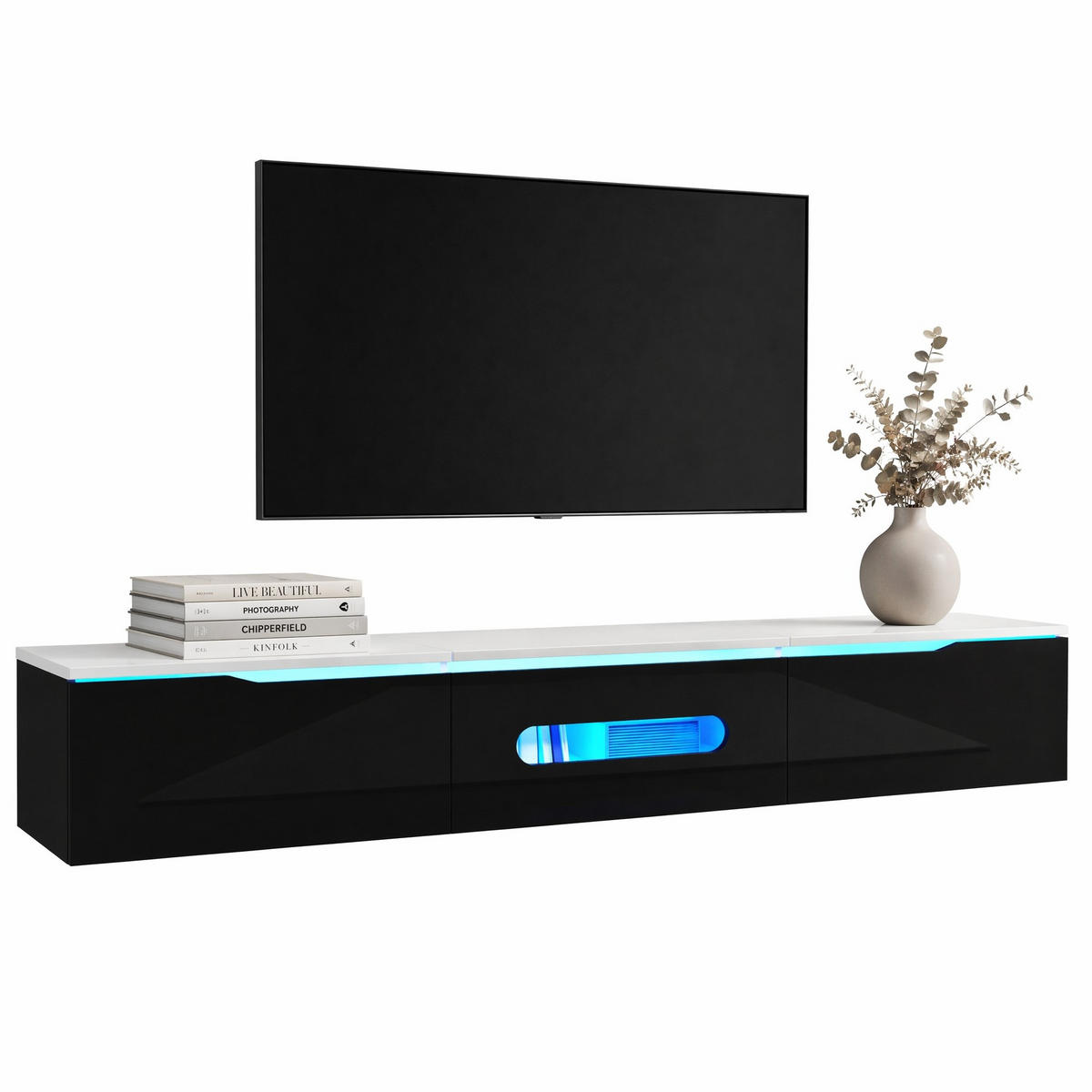 TV STOLEK černobílý s LED osvětlením v 16 barvách, nástěnný, 180×35×30 cm - bílá/černá, kompozitní dřevo (180/30/35cm) - STILVORA