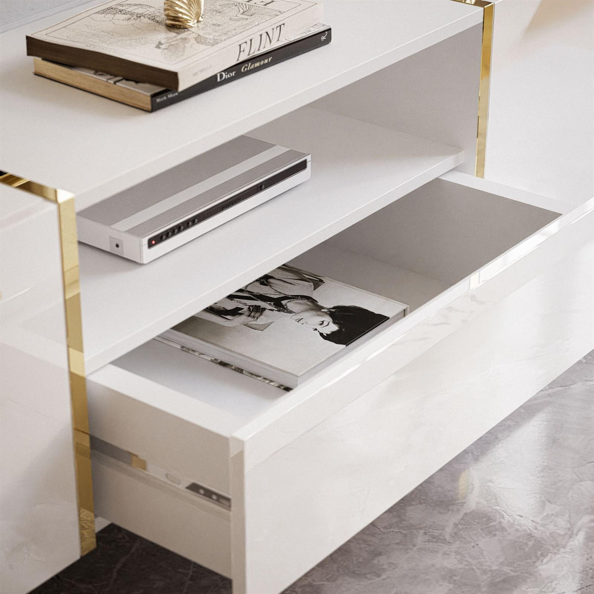 TV-ELEMENT ONYX AUF GOLDENEN BEINEN HOCHGLANZ 158 CM PUSH OPEN - Weiß, Holzwerkstoff (158/53/41.3cm) - Lookway