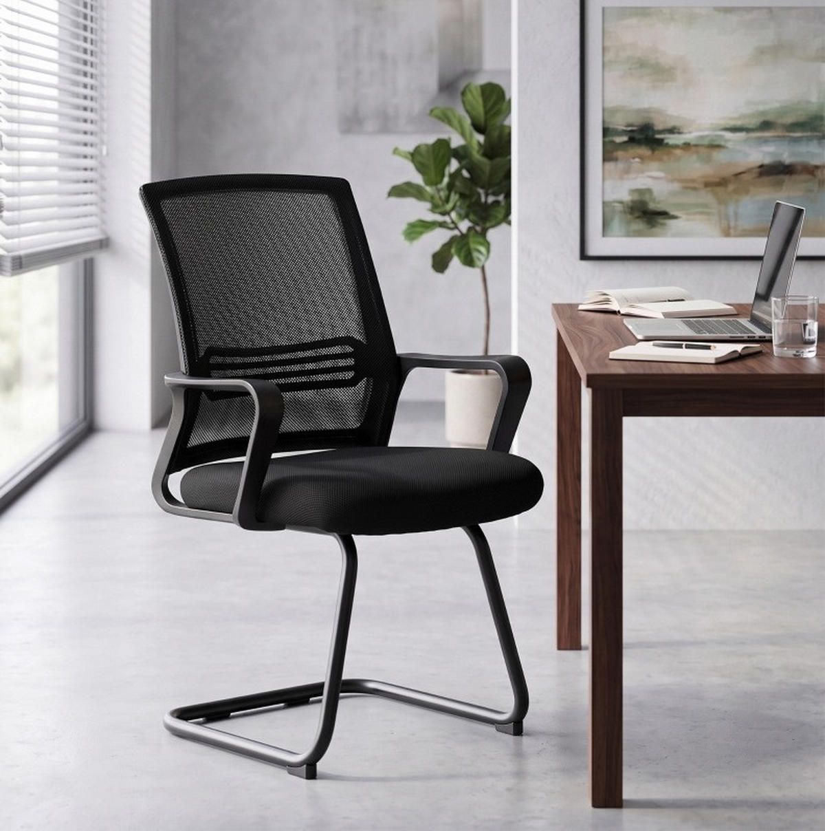 BESUCHERSTÜHLE im 2er-Set in Schwarz 57,5x58,5x93 cm mit Netzrückenlehne und Kufengestell - Schwarz, Textil (58.5/93/57.5cm) - IVMEU