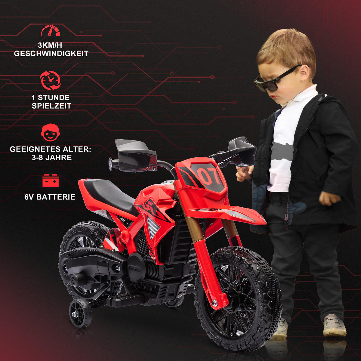 ELEKTRO-MOTORRAD für Kinder, 6V Batterie-Antrieb, Stützräder, Hupe, Startgeräusch, 3-8 Jahre, Rot - Rot, Kunststoff/Metall (105/57/62cm) - AIYAPLAY
