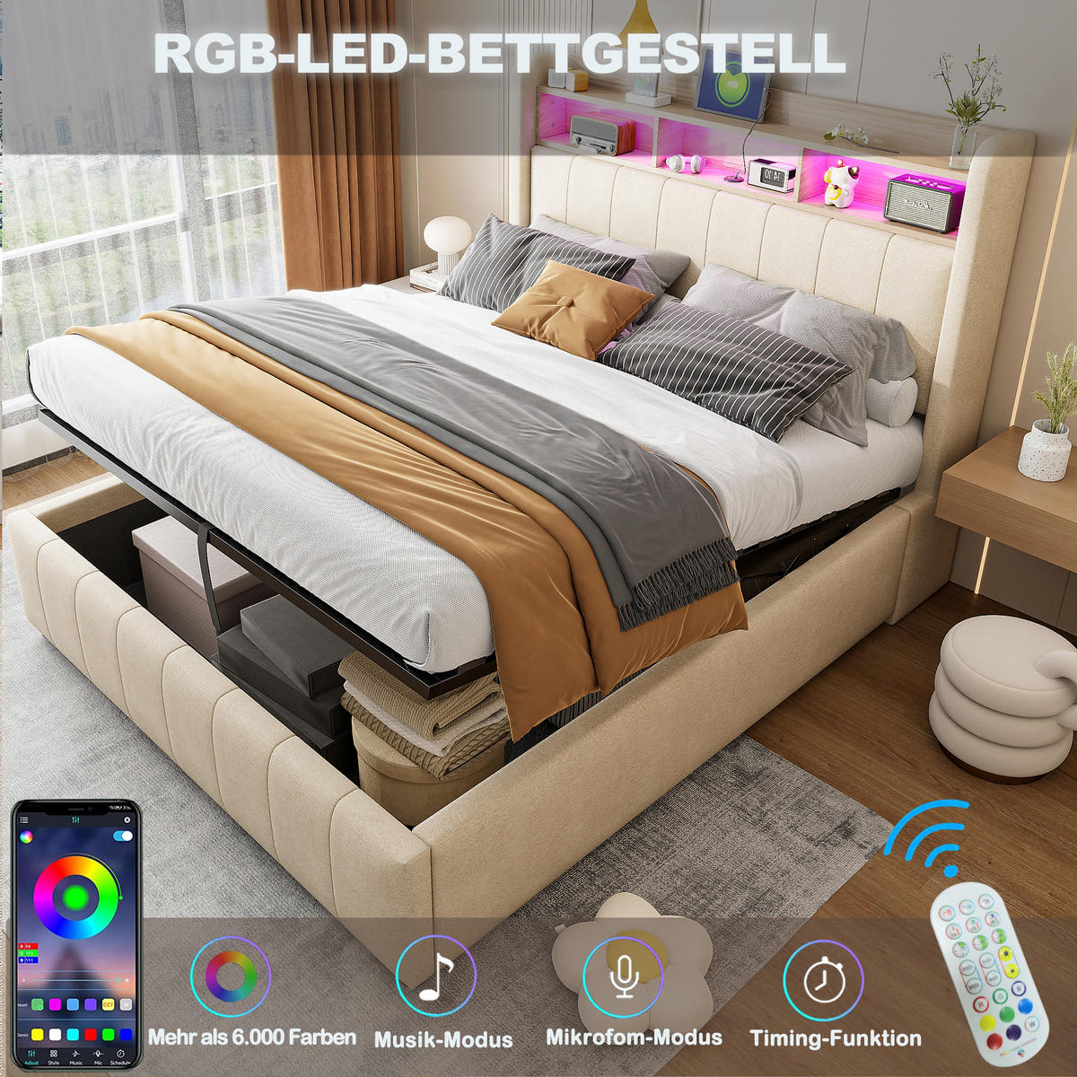 POLSTERBETT 160x200 cm Beige LED USB Stauraum Hydraulik - Beige, Holzwerkstoff - FLIEKS